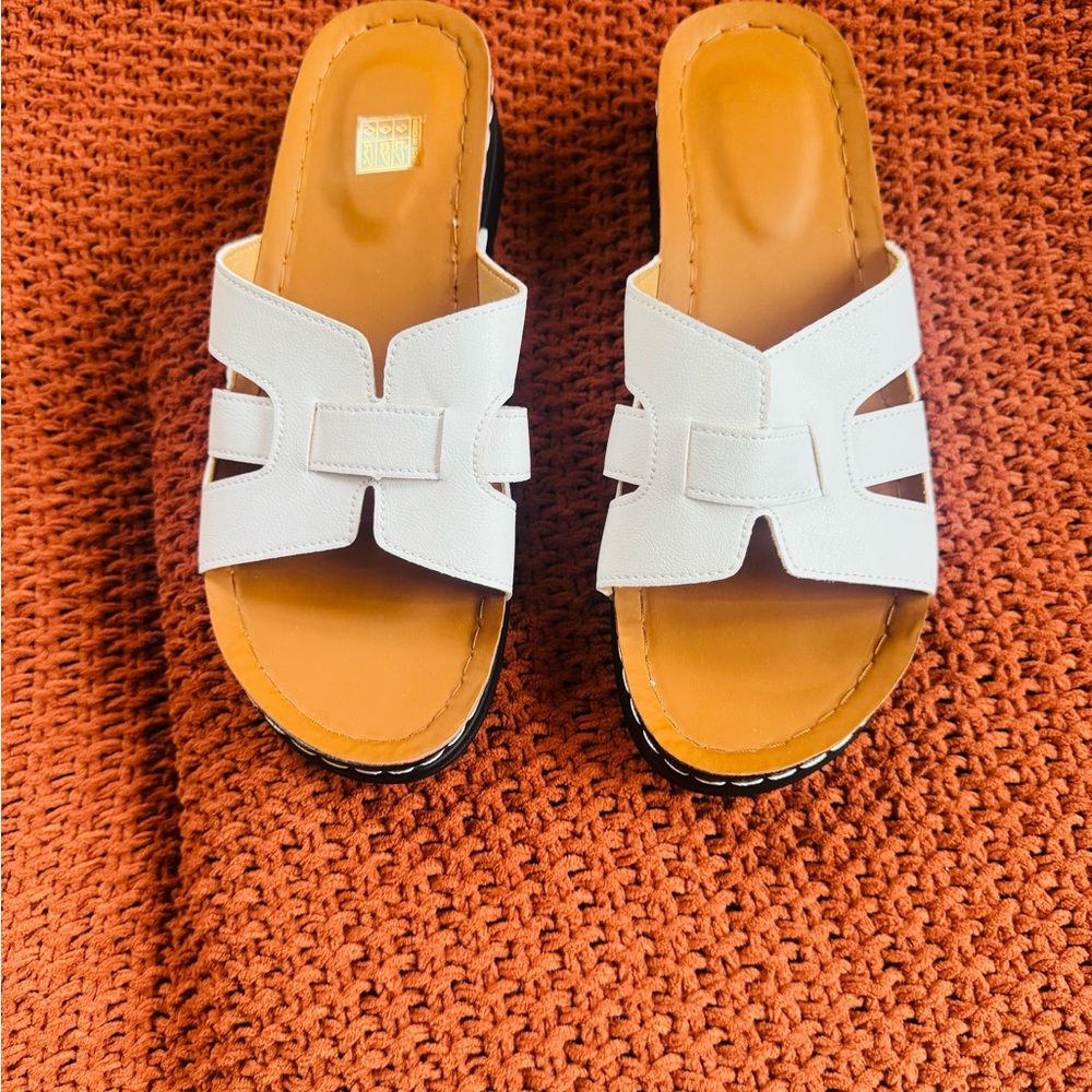 White Leather Slide Mules with Tan Footbed